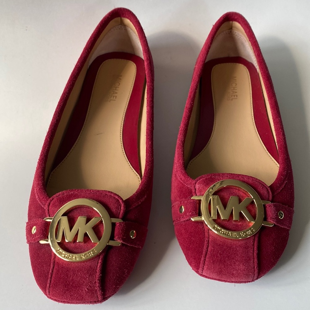 MICHAEL Michael Kors Red Suede Gold Logo Embellishment Flats Loafers Size 5.5M